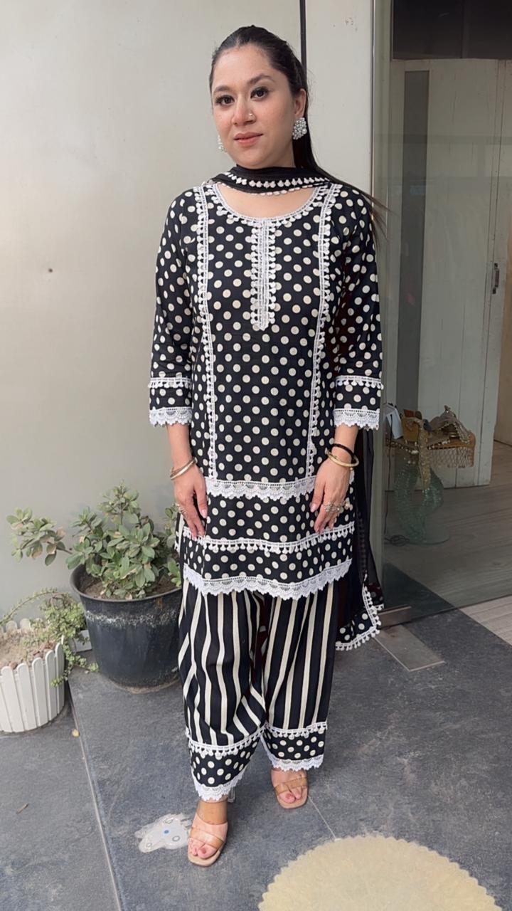 Polka Black and white Cotton fashi salwar Designer Suit