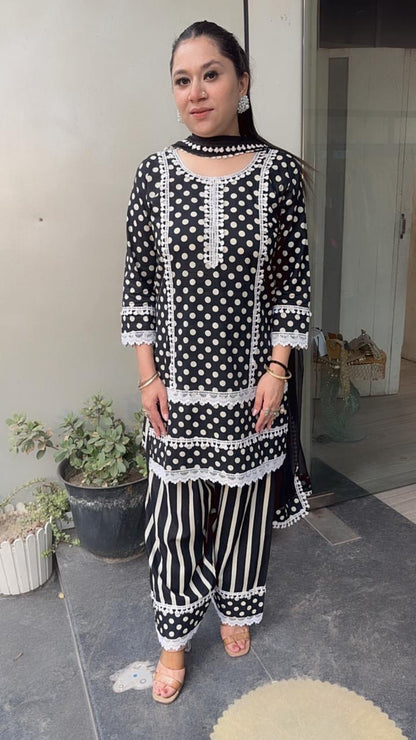 Polka Black and white Cotton fashi salwar Designer Suit