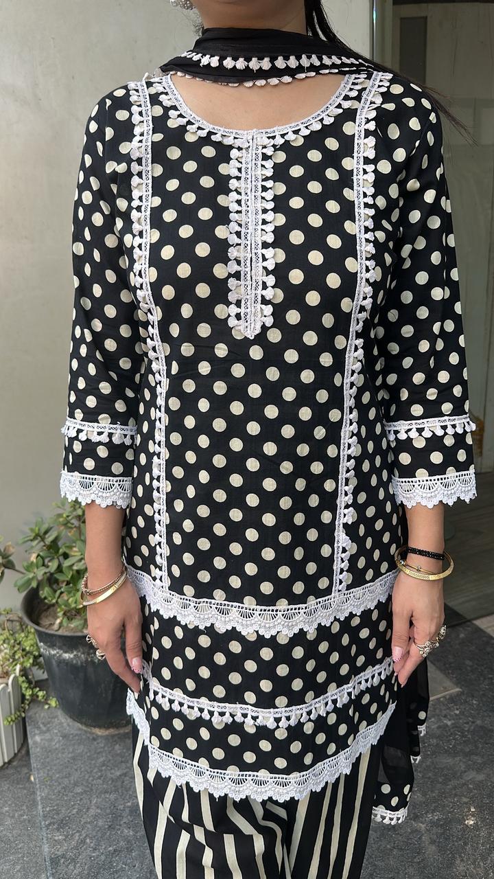 Polka Black and white Cotton fashi salwar Designer Suit