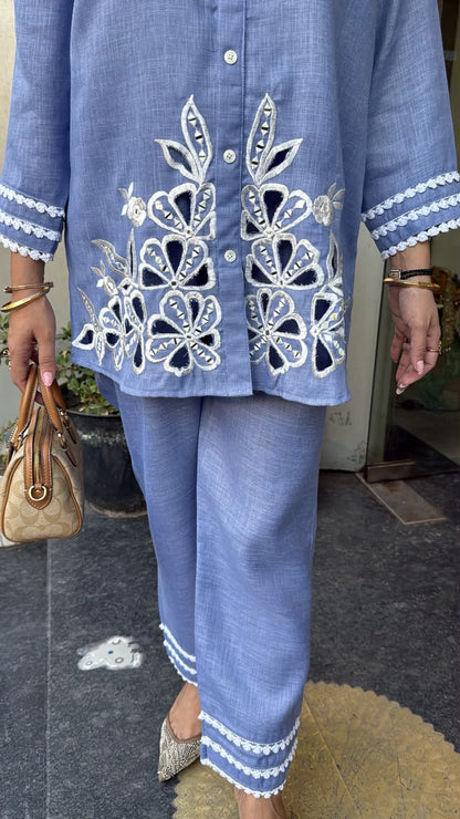 Jhalak Sky Blue Cut work Designer Cordset