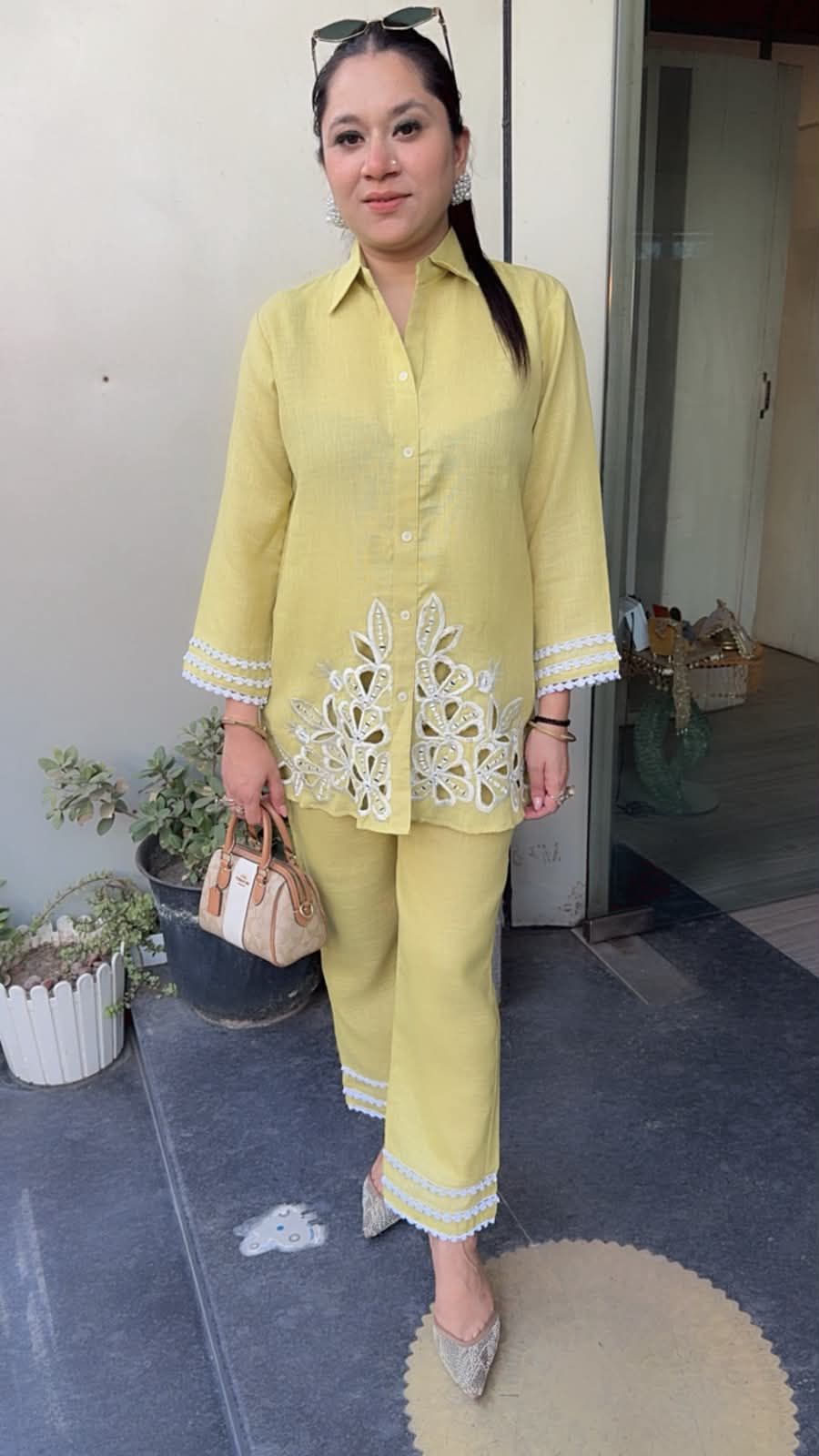 Jhalak lime Yellow Cut work Designer Cordset