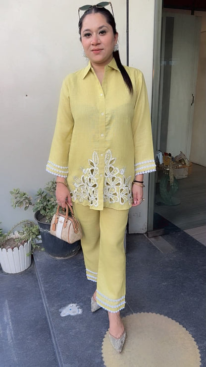 Jhalak lime Yellow Cut work Designer Cordset