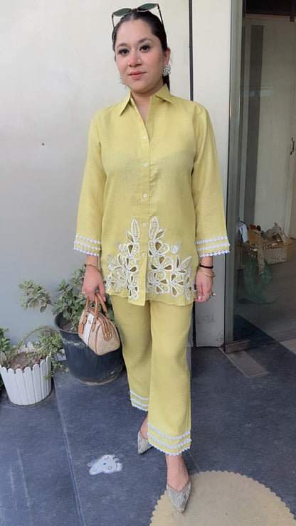 Jhalak lime Yellow Cut work Designer Cordset