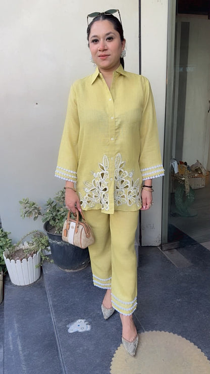 Jhalak lime Yellow Cut work Designer Cordset