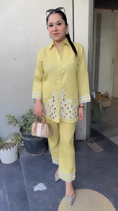 Jhalak lime Yellow Cut work Designer Cordset