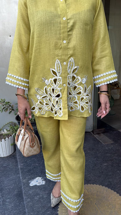 Jhalak lime Yellow Cut work Designer Cordset