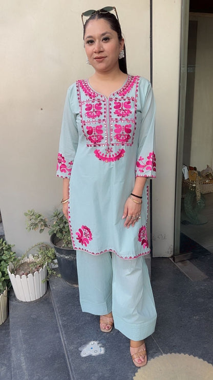 Salt Blue mirror Thread work Farshi Designer Cordset