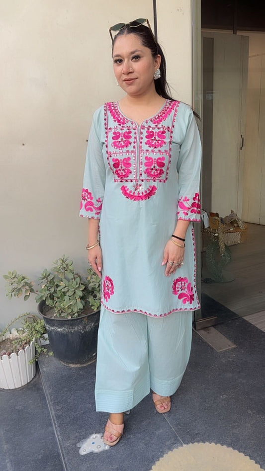 Salt Blue mirror Thread work Farshi Designer Cordset