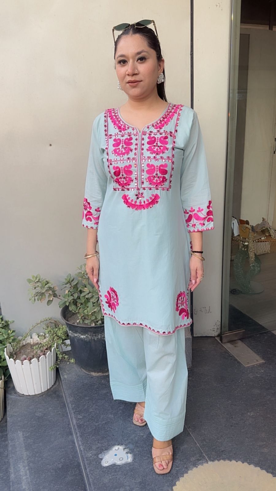 Salt Blue mirror Thread work Farshi Designer Cordset