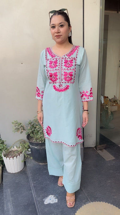 Salt Blue mirror Thread work Farshi Designer Cordset