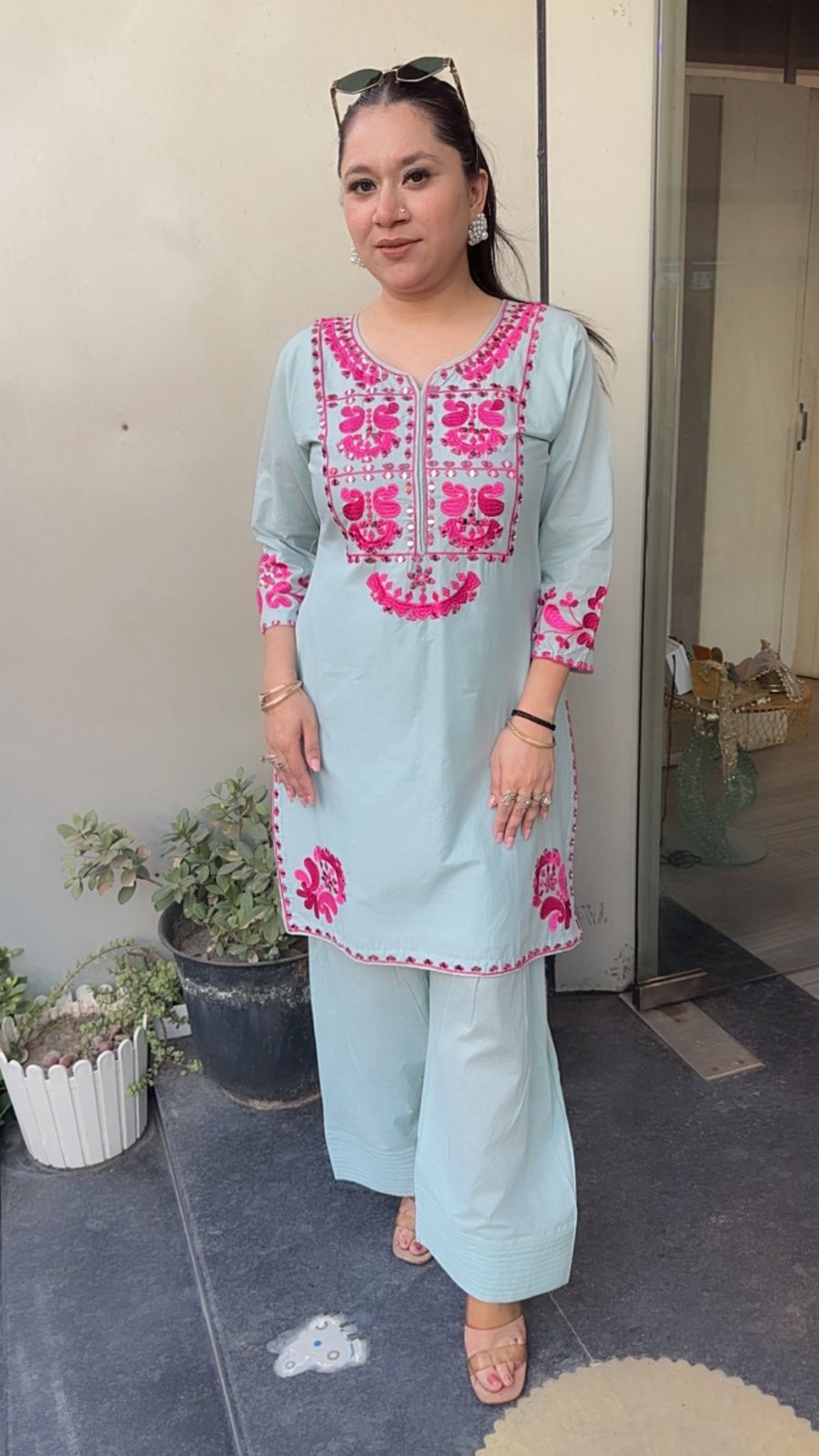 Salt Blue mirror Thread work Farshi Designer Cordset