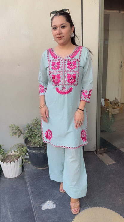 Salt Blue mirror Thread work Farshi Designer Cordset