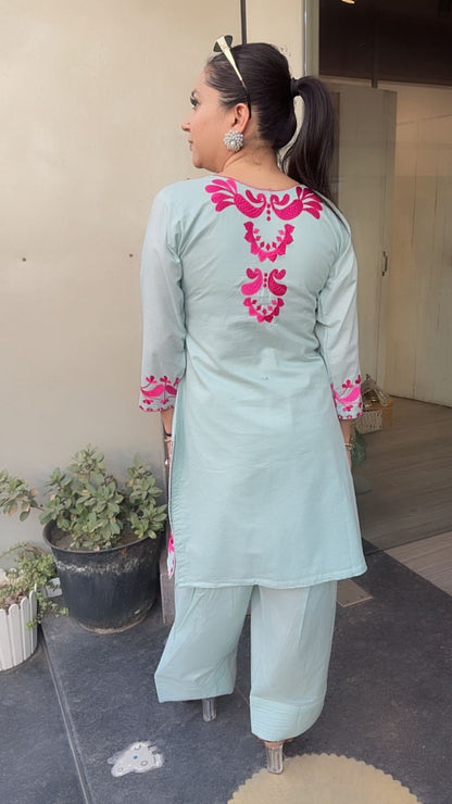 Salt Blue mirror Thread work Farshi Designer Cordset