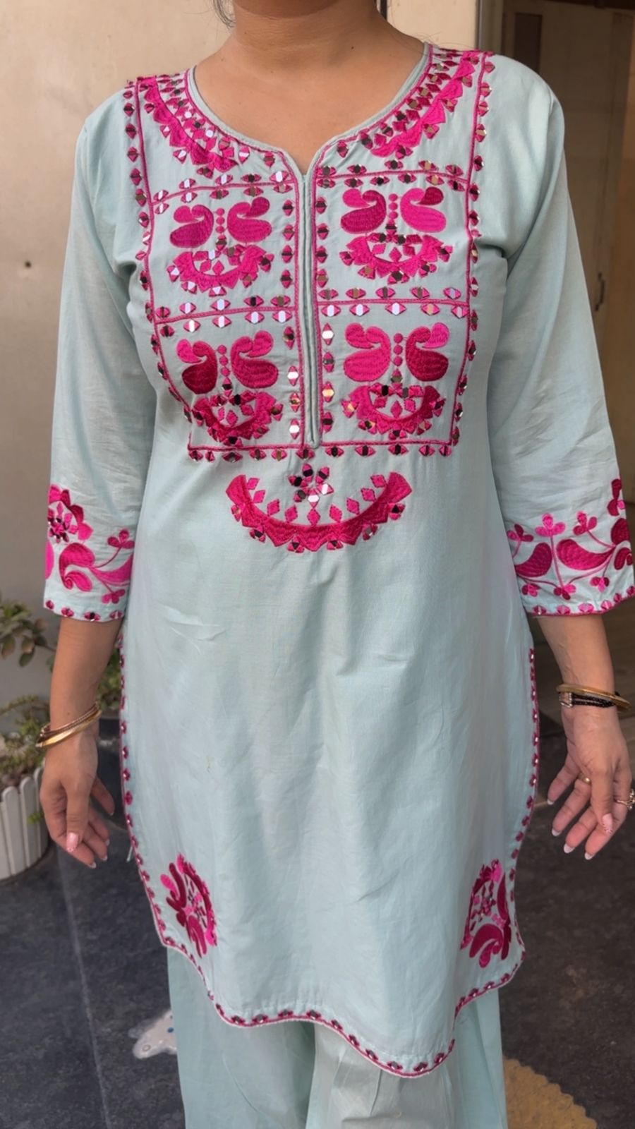 Salt Blue mirror Thread work Farshi Designer Cordset