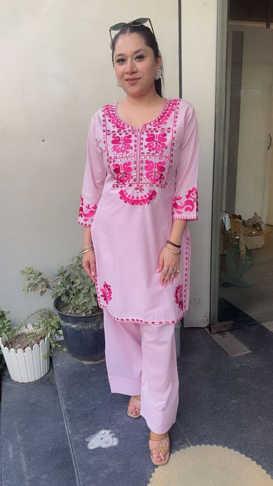 Salt pink mirror Thread work Farshi Designer Cordset
