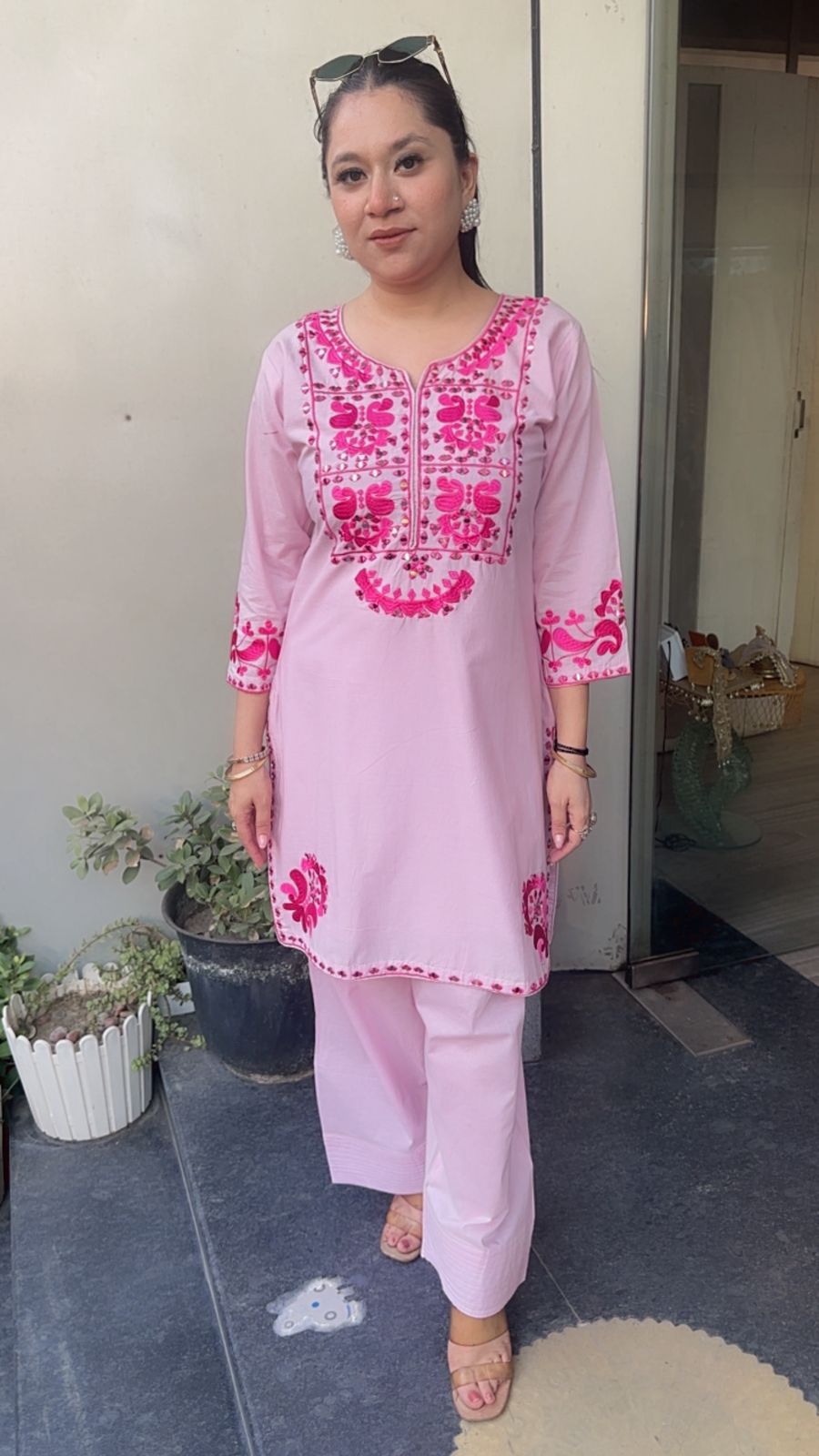 Salt pink mirror Thread work Farshi Designer Cordset
