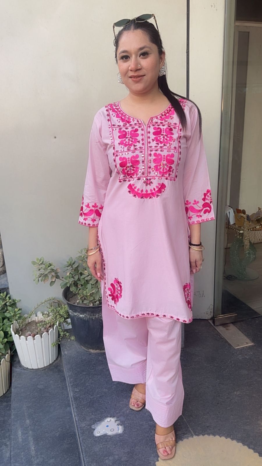 Salt pink mirror Thread work Farshi Designer Cordset