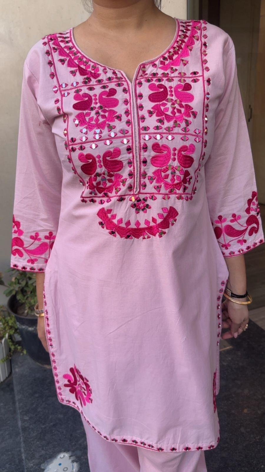 Salt pink mirror Thread work Farshi Designer Cordset
