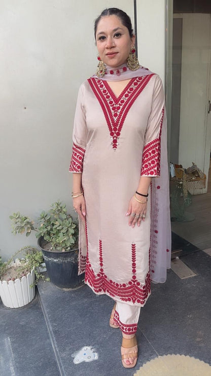 Adab Beige Red Cotton Thread work  Designer Suit