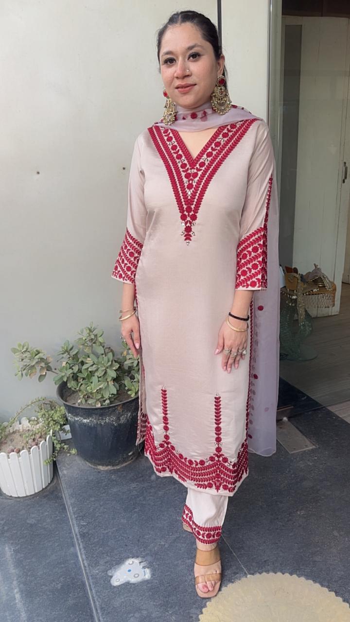 Adab Beige Red Cotton Thread work  Designer Suit