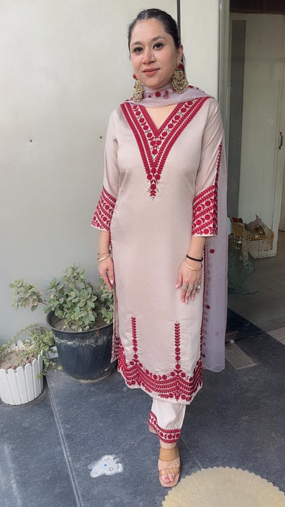 Adab Beige Red Cotton Thread work  Designer Suit