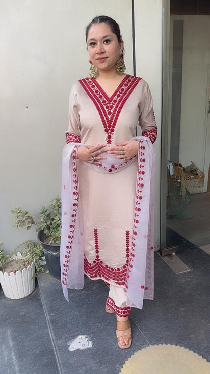 Adab Beige Red Cotton Thread work  Designer Suit
