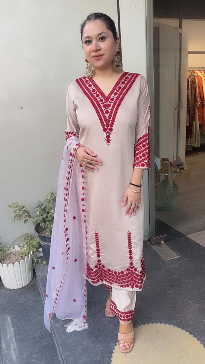 Adab Beige Red Cotton Thread work  Designer Suit