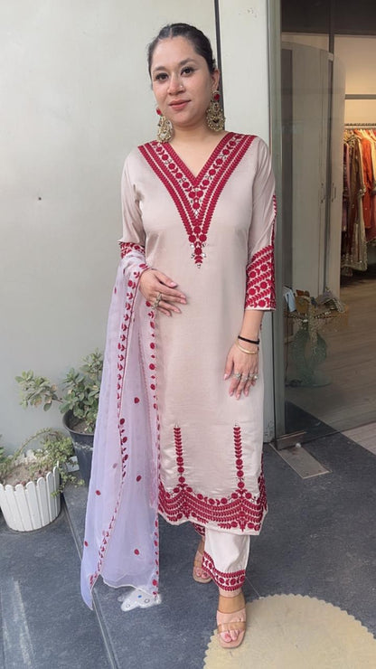 Adab Beige Red Cotton Thread work  Designer Suit