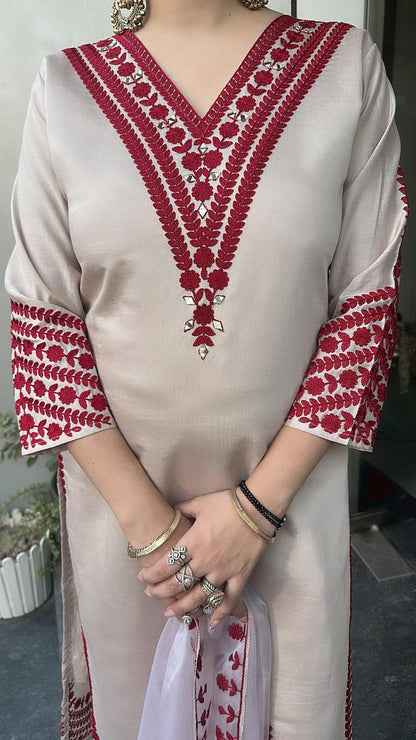 Adab Beige Red Cotton Thread work  Designer Suit