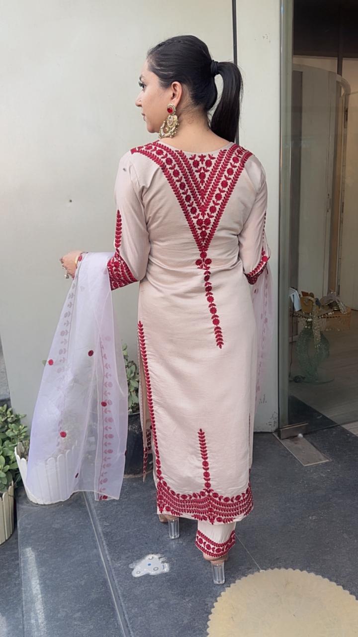 Adab Beige Red Cotton Thread work  Designer Suit