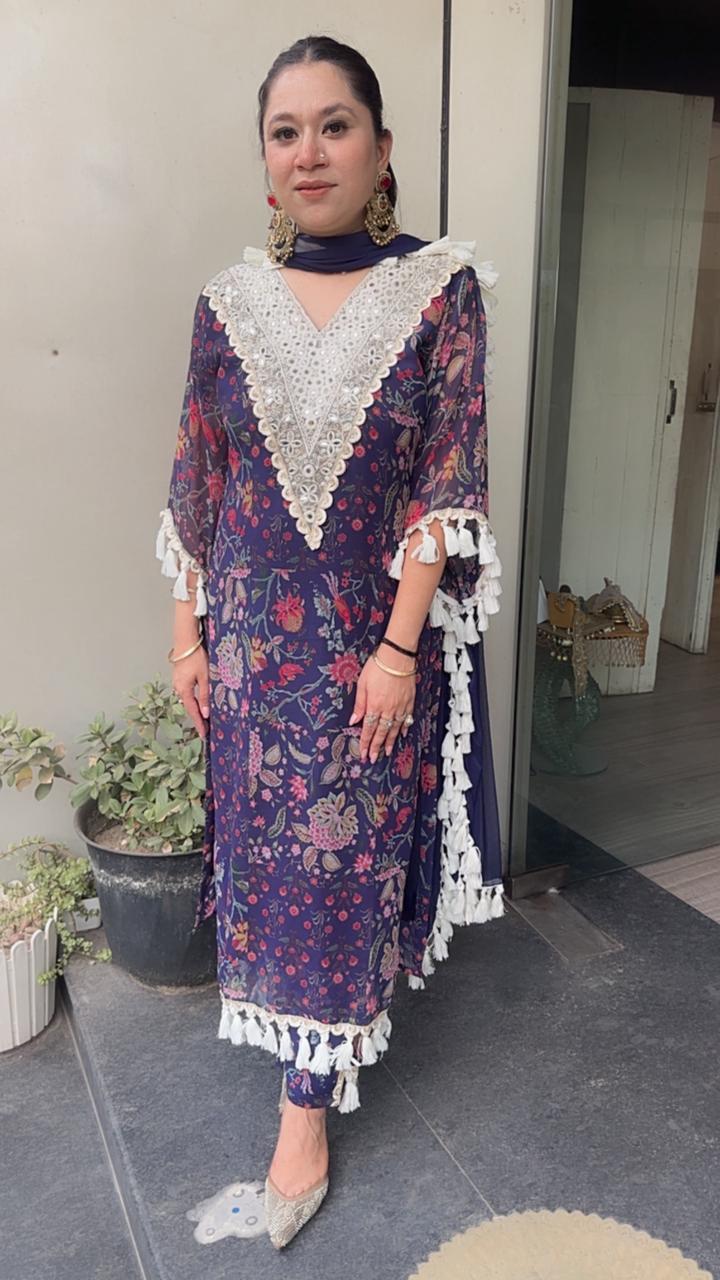 Lettuce Navy Blue Georgette Tassel Designer Suit