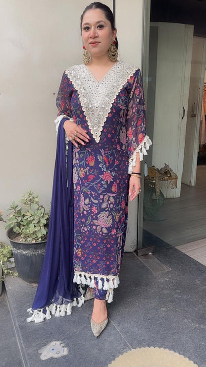 Lettuce Navy Blue Georgette Tassel Designer Suit