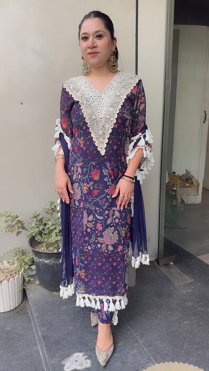Lettuce Navy Blue Georgette Tassel Designer Suit