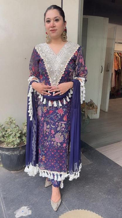 Lettuce Navy Blue Georgette Tassel Designer Suit