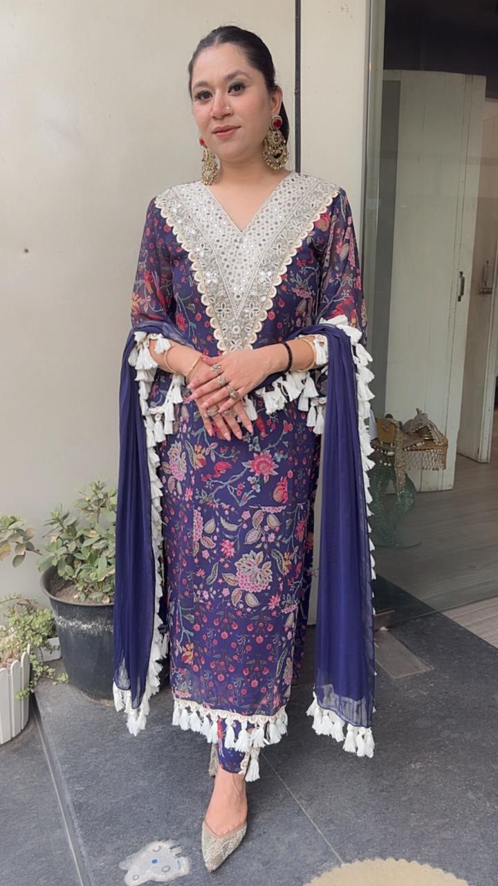 Lettuce Navy Blue Georgette Tassel Designer Suit