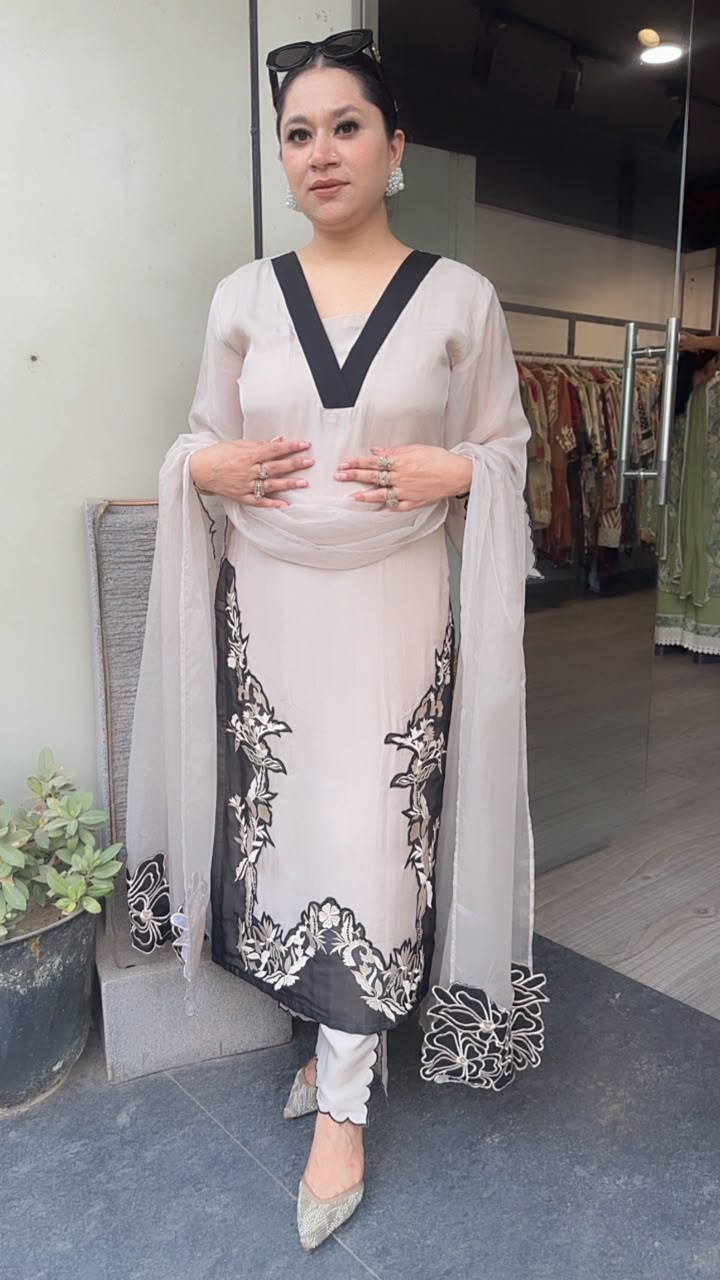 Basko Beige Cotton Organza Designer Suit