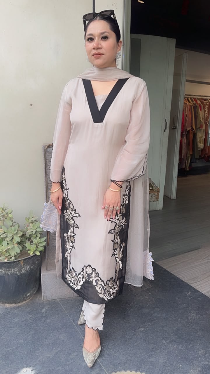 Basko Beige Cotton Organza Designer Suit