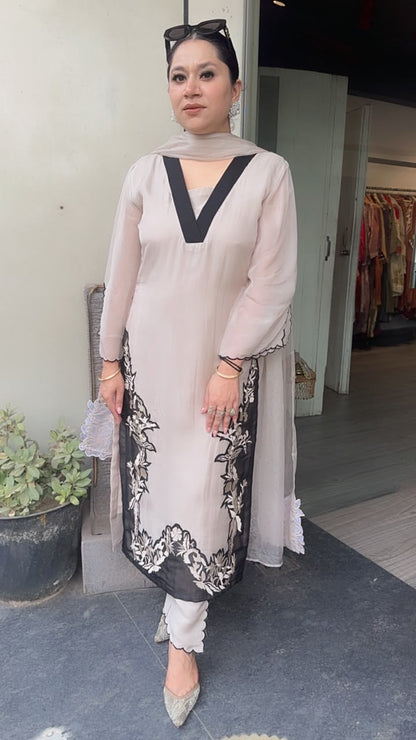 Basko Beige Cotton Organza Designer Suit