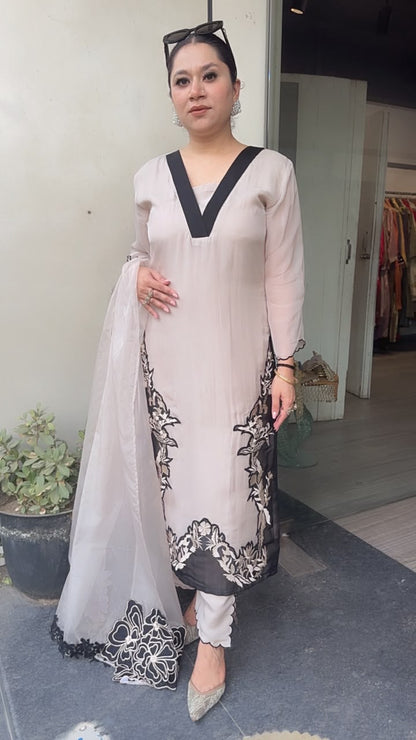 Basko Beige Cotton Organza Designer Suit