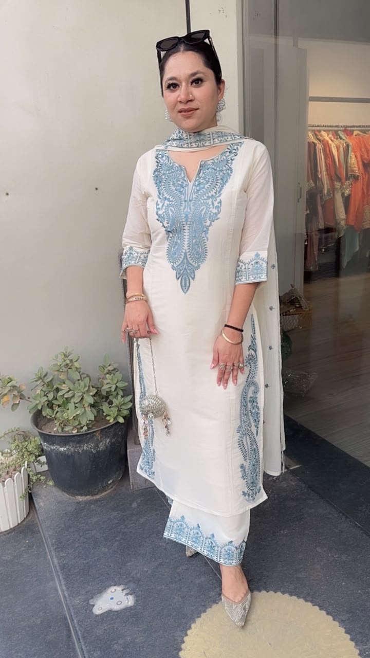 Latte Blue Ivory cotton Designer Suit