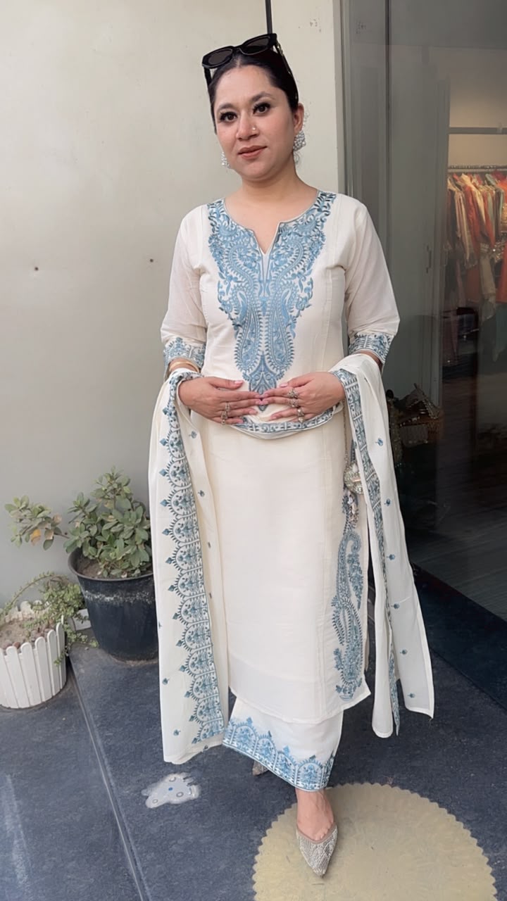 Latte Blue Ivory cotton Designer Suit