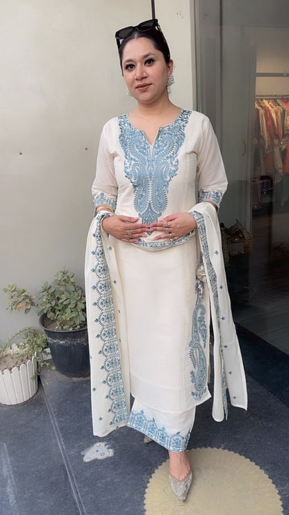 Latte Blue Ivory cotton Designer Suit