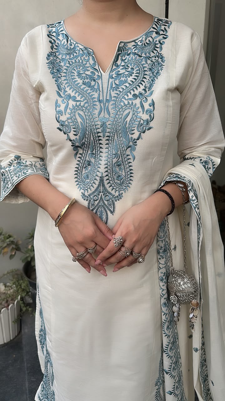 Latte Blue Ivory cotton Designer Suit