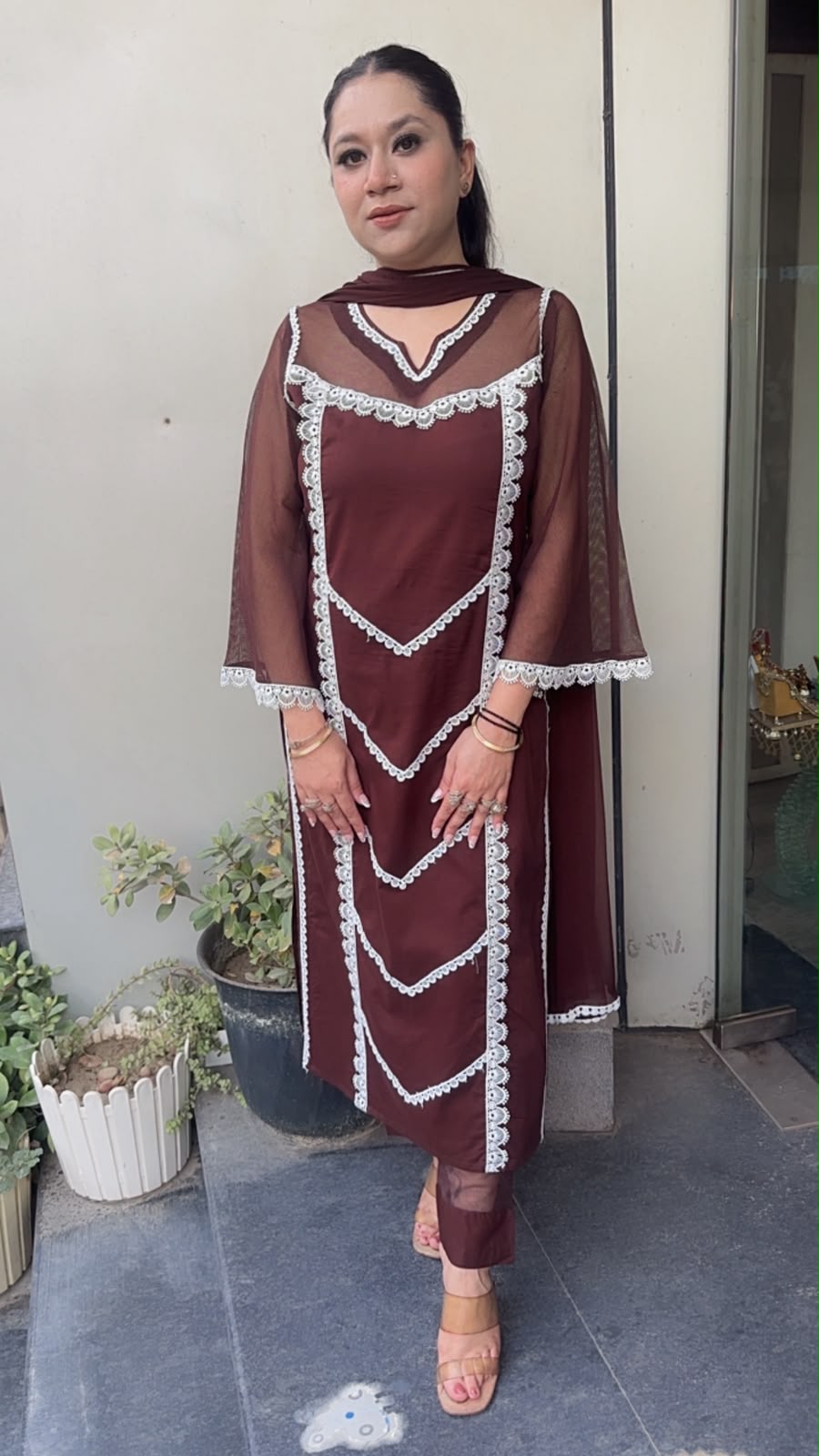 Rosa Coffee Brown Cotton Designer Suit