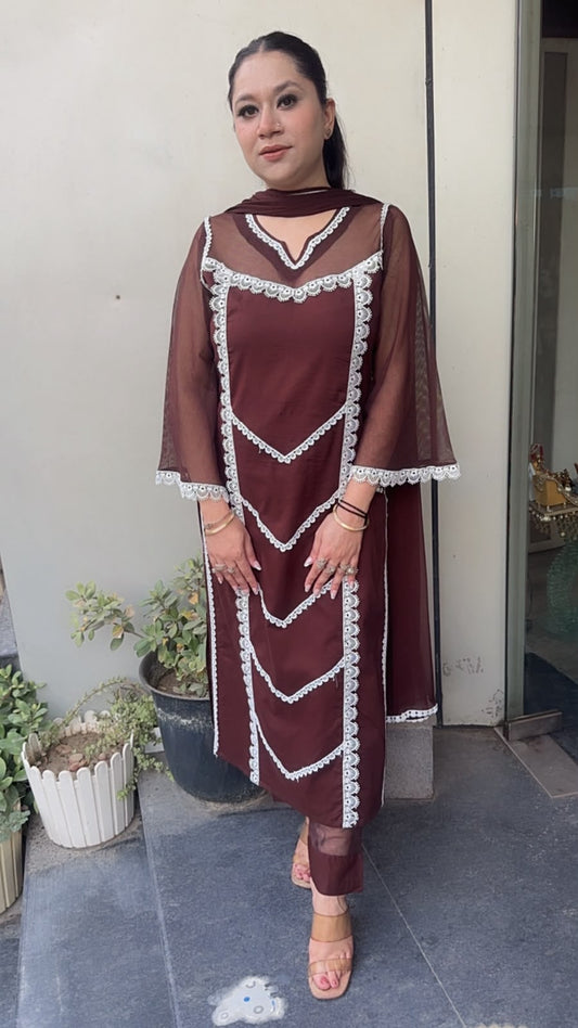 Rosa Coffee Brown Cotton Designer Suit