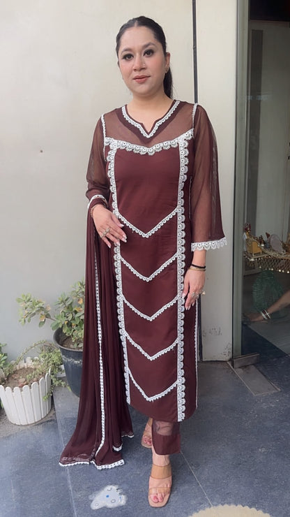Rosa Coffee Brown Cotton Designer Suit