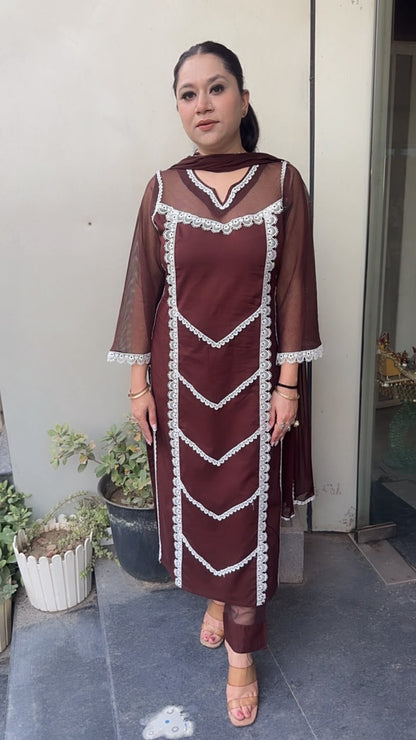 Rosa Coffee Brown Cotton Designer Suit