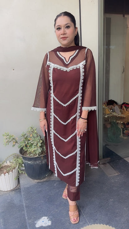 Rosa Coffee Brown Cotton Designer Suit