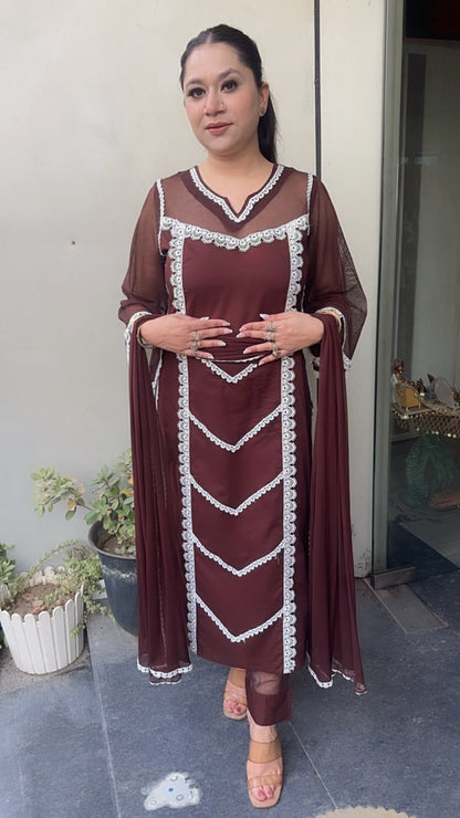 Rosa Coffee Brown Cotton Designer Suit