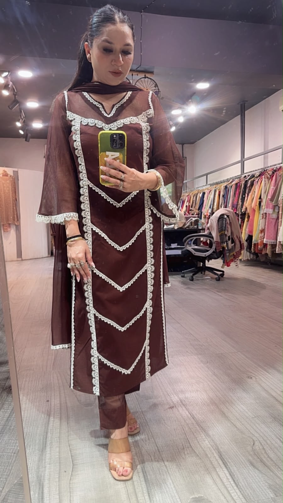 Rosa Coffee Brown Cotton Designer Suit